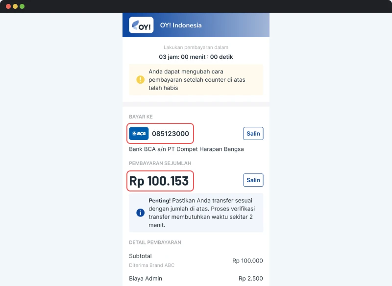 Bank Transfer - Unique Code Amount Detail