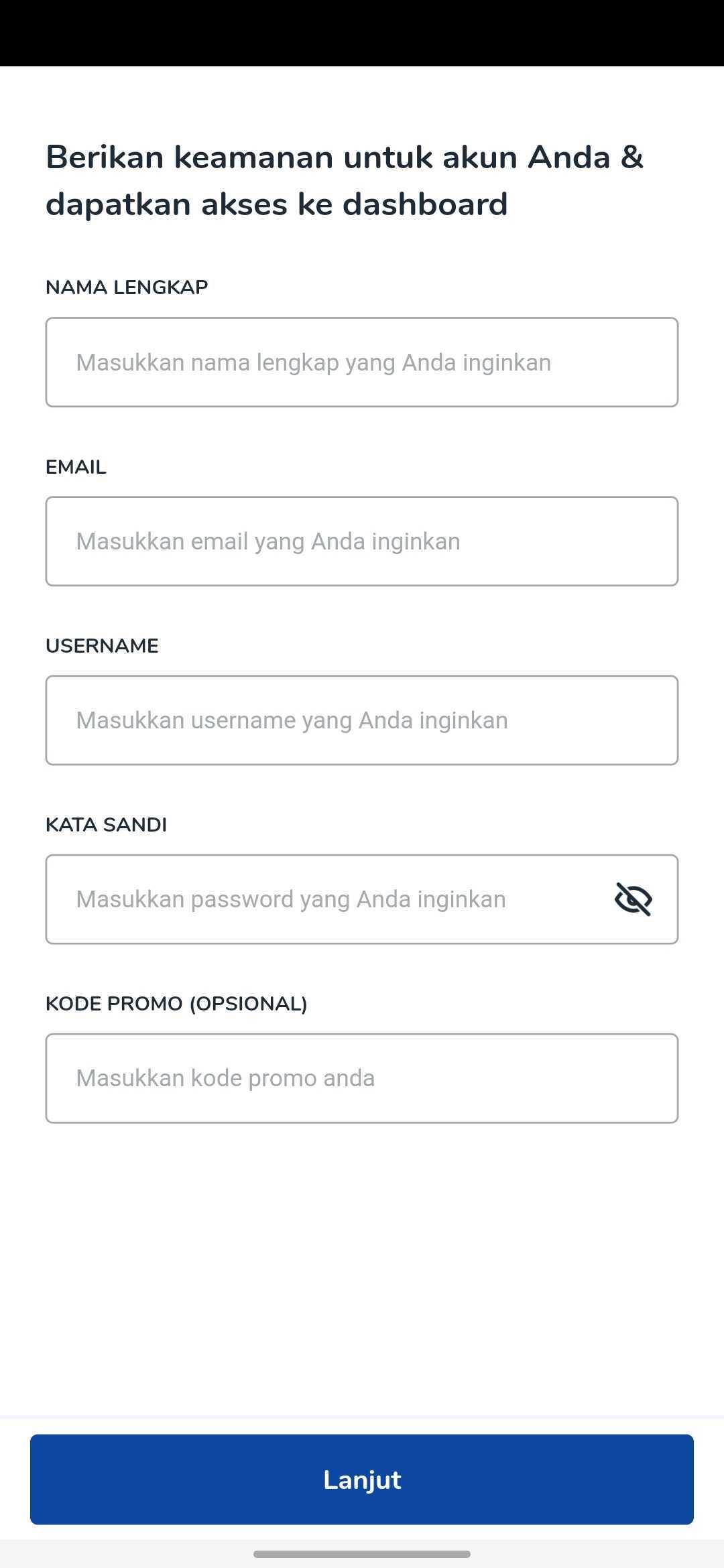 OY! Business App register page