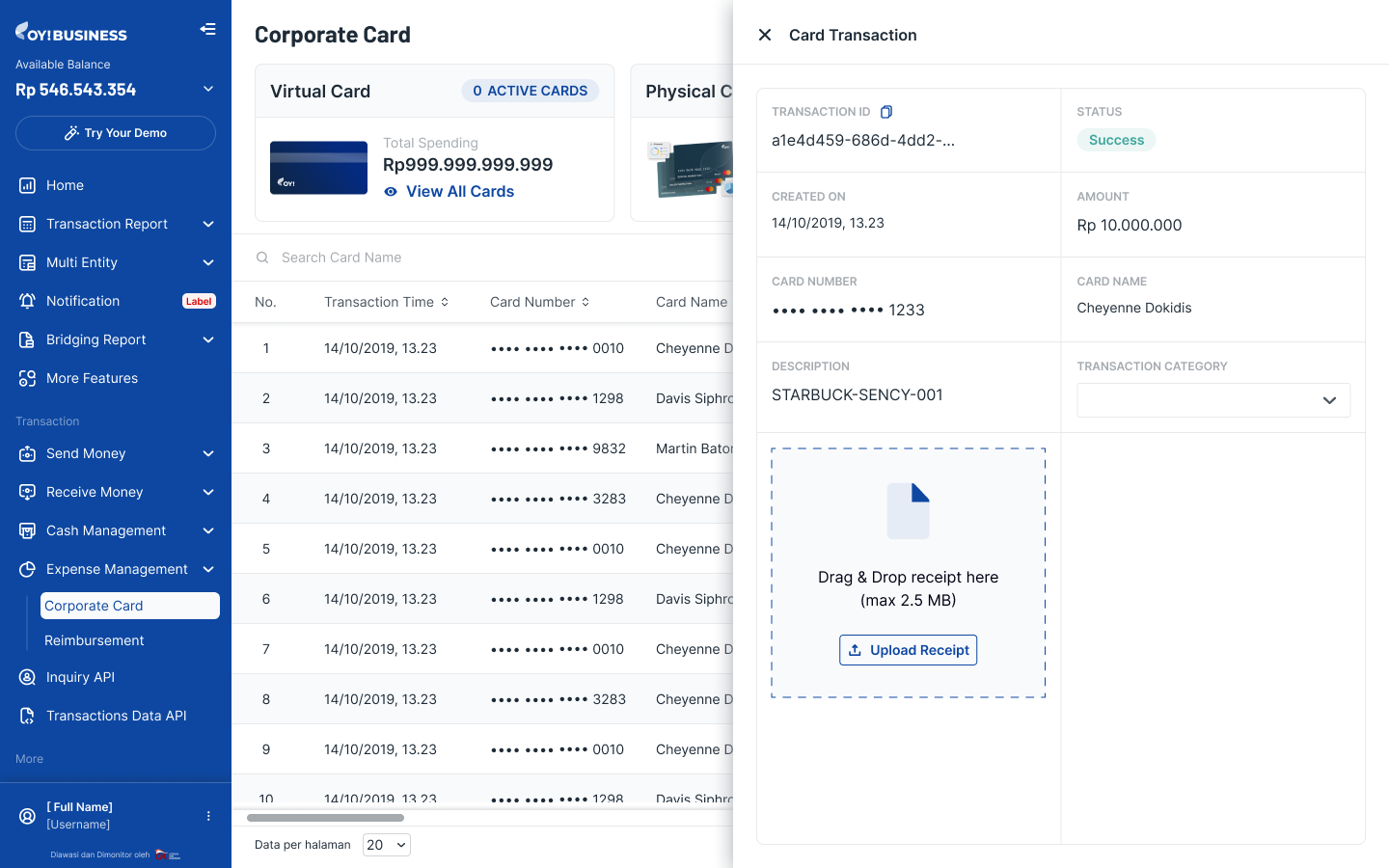 Virtual Card Transaction Details - Cardholder Page